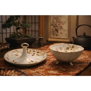 Nippon Antique 1910s Hand-Painted Porcelain Handled Plate Footed Bowl Set